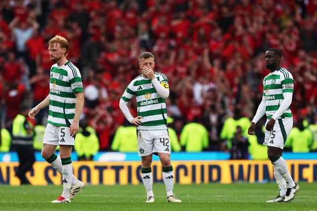 Celtic players Liam Scales, Callum McGregor and Jeffrey Schlupp are dejected after losing the Scottish Cup final to Aberdeen. (Photo by Craig Williamson / SNS Group)