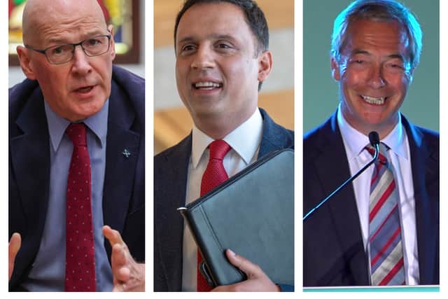 John Swinney, Anas Sarwar and Nigel Farage