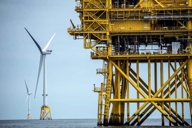 Turbines near an oil platform at the Seagreen Offshore Wind Farm, under construction around 27km from the coast of Montrose, Angus in the North Sea.