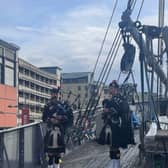 Archie Borthwick and Ollie Little, from the Loretto School Pipe Band piping onboard D/S Hestmanden on Monday.