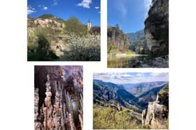 Cévennes highlights, clockwise from top left: the village of Sainte-Énimie; the River Tarn near La Malène; hiking near La Bourgarie; stalagmite forest in Aven Armand