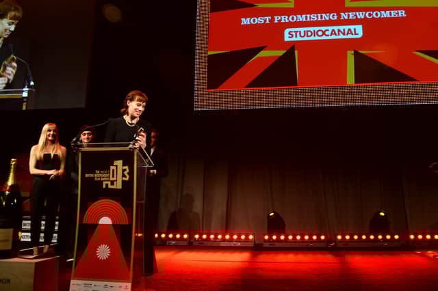Scottish actress Chloe Pirrie receives the award for Most Promising Newcomer at the 2013 British Independent Film Awards.