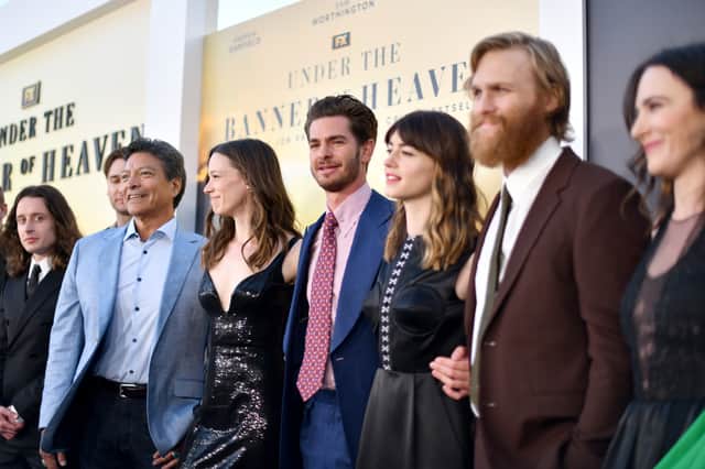 From left, Rory Culkin, Seth Numrich, Gil Birmingham, Chloe Pirrie, Andrew Garfield, Daisy Edgar-Jones, Wyatt Russell and Tyner Rushing at the premiere of FX's Under The Banner Of Heaven.