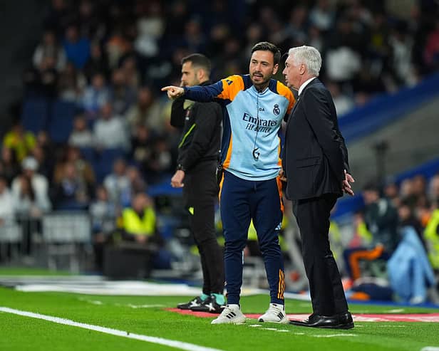 Rangers managerial candidate Davide Ancelotti on the Real Madrid touchline with his father, Carlo Ancelotti.