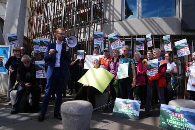 Flamingo Land protestors outside the Scottish Parliament with Ross Greer MSP.