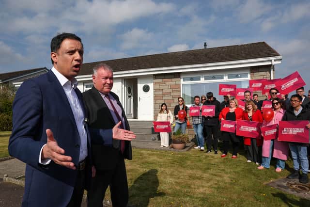 Anas Sarwar with Labour candidate Davy Russell for the Hamilton, Larkhall and Stonehouse by-election on the campaign trail. (Photo by Jeff J Mitchell/Getty Images)