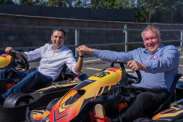 Anas Sarwar and Davy Russell at a go-karting centre