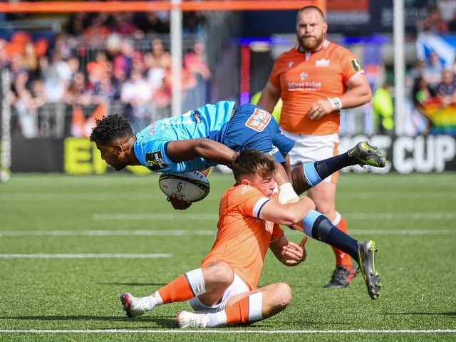 Canan Moodie of Vodacom Bulls is tackled by Edinburgh's Ross Thompson during the EPCR Challenge Cup quarter-final at Hive Stadium on April 12.