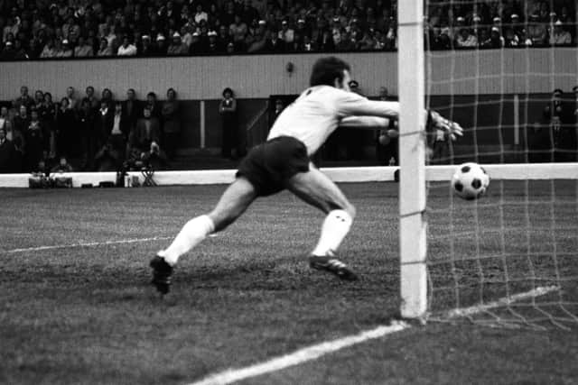 St Etienne goalkeeper Yvan Curkovic stops the ball on the line during the 1976 European Cup final against Bayern Munich at Hampden.
