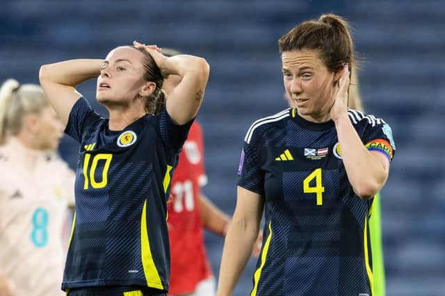 Scotland's Kirsty Howat (L) and Rachel Corsie at full time.