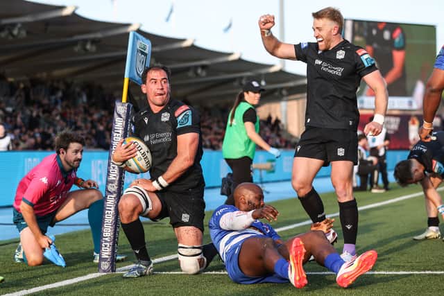Glasgow Warriors' Henco Venter celebrates scoring his side's third try against the Stormers.