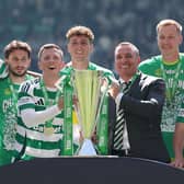 Callum McGregor and Celtic manager Brendan Rodgers lift the Scottish Premiership trophy at Celtic Park following the game against St Mirren last season. Cr: Getty Images.
