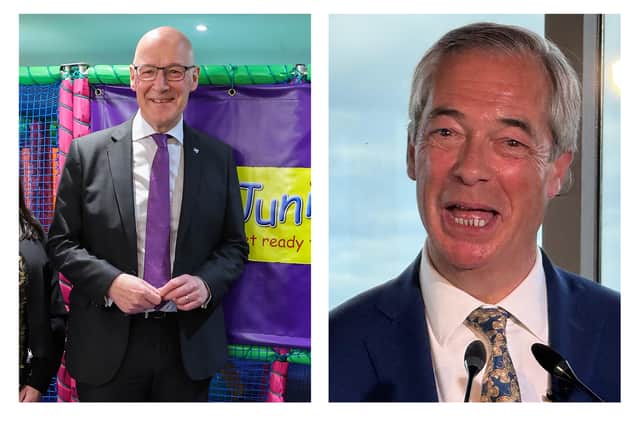 First Minister and SNP leader John Swinney and Reform UK leader Nigel Farage in Scotland today