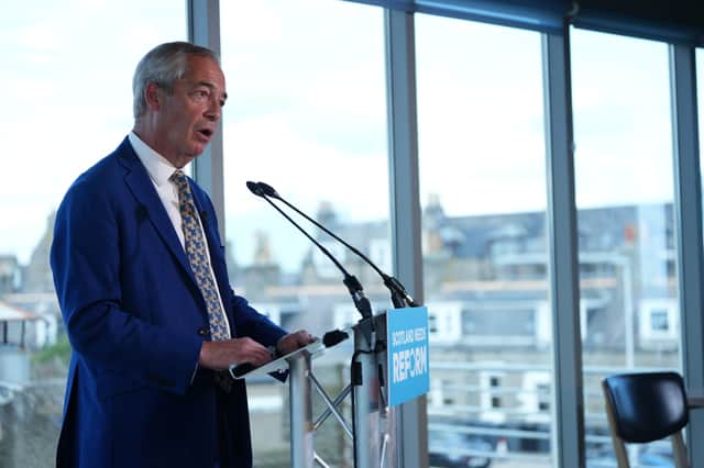 Reform UK leader Nigel Farage speaks at a press conference in Aberdeen ahead of the Hamilton, Larkhall and Stonehouse by-election (Picture: Peter Summers)