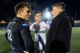 Dan Lancaster, centre, chats with Glasgow Warriors pair Jamie Dobie and Rory Darge after the Champions Cup match between the sides at Scotstoun in January this year.