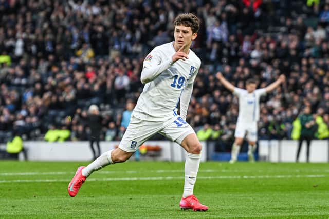 Greece's Konstantinos Karetsas celebrates as he scores to make it 2-0 over Scotland at Hampden. (Photo by Rob Casey / SNS Group)