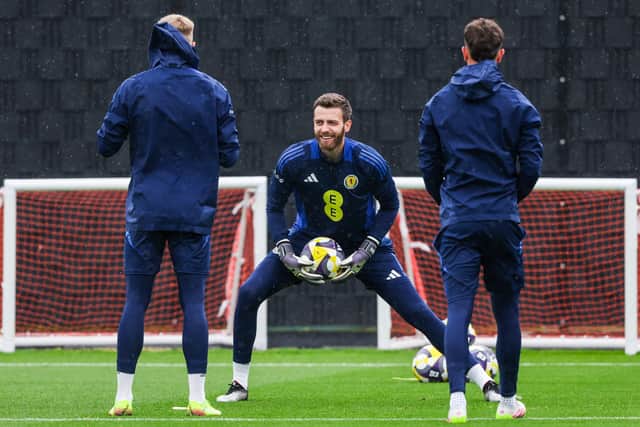 Angus Gunn trains for Scotland ahead of the friendlies against Iceland and Liechtenstein.