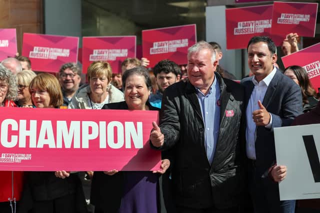 Anas Sarwar with Scottish Labour candidate Davy Russell ahead of the Hamilton, Larkhall and Stonehouse by-election (Photo by Jeff J Mitchell/Getty Images)