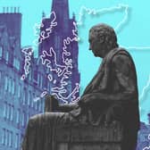 A statue of David Hume against the backdrop of Edinburgh's Old Town