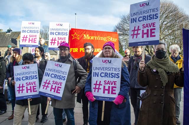 A UCU Scotland rally at the Scottish Parliament against threatened job cuts in higher education earlier this year