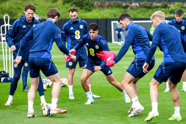 Max Johnston (centre) during a Scotland training session at The City Stadium this week ahead of Friday's friendly against Iceland at Hampden. (Photo by Craig Williamson / SNS Group)