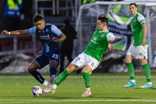 Rayan Mohammed in action for Forfar during a Scottish Gas Scottish Cup fourth round match against Hibs at Station Park on January 20, 2024.  (Photo by Ross Parker / SNS Group)
