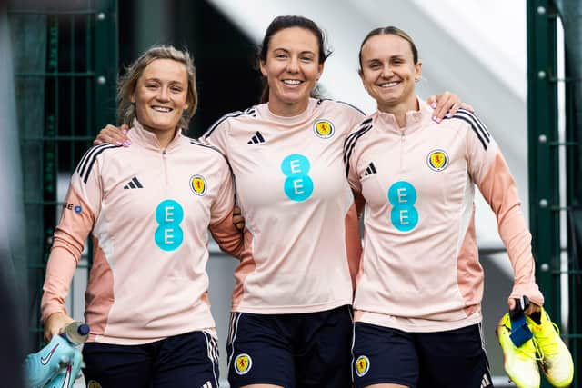 Erin Cuthbert, Rachel Corsie and Martha Thomas during a Scotland Women's National Team training session at the Oriam on Monday.