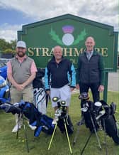 Iain Butchart, who launched the Club Hire Scheme at Strahmore Golf Centre, pictured with Dullautur captain Frankie Bannachan and junior convenor Paul Orr when they picked up their hire sets in Perthshire