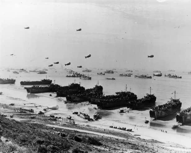Land craft, barrage balloons and ships at Omaha beach shortly after the invasion in June 1944 (Picture: Three Lions)