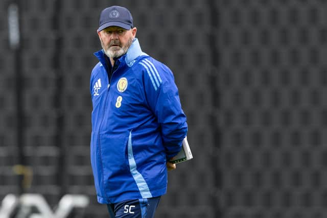 Steve Clarke looks on during a Scotland training session.