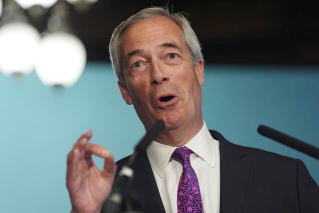 Reform UK leader Nigel Farage speaks during a press conference in Westminster.