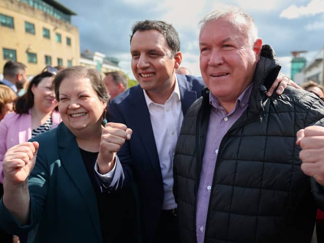 Scottish Labour's leader and deputy, Anas Sarwar and Jackie Baillie, celebrate Davy Russell's election as the MSP for Hamilton, Larkhall and Stonehouse (Picture: Jeff J Mitchell)