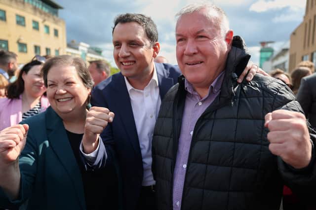 Scottish Labour's leader and deputy, Anas Sarwar and Jackie Baillie, celebrate Davy Russell's election as the MSP for Hamilton, Larkhall and Stonehouse (Picture: Jeff J Mitchell)