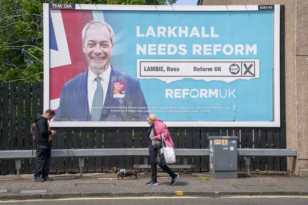 A Reform UK election billboard poster in Larkhall