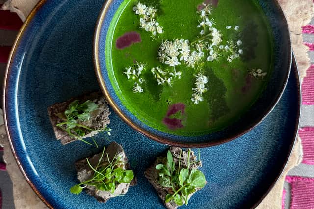 Orache and fish head stock soup, deer liver pate and red clover crackers  as foraged, fished and cooked by Virginia Hutchison, of the Isle of Lewis.