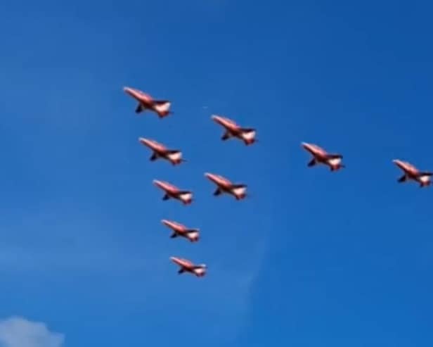 Red Arrows fly over West Beach, Lossiemouth.