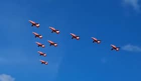 Red Arrows fly over West Beach, Lossiemouth.