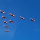 Red Arrows fly over West Beach, Lossiemouth.