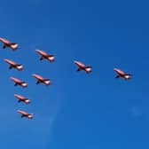 Red Arrows fly over West Beach, Lossiemouth.
