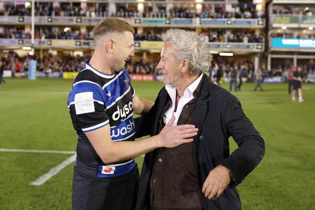 Finn Russell celebrates with Bath owner Bruce Craig.