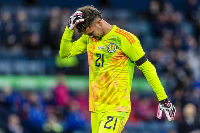 Goalkeeper Cieran Slicker endured a nightmare Scotland debut after replacing the injured Angus Gunn after seven minutes against Iceland. (Photo by Craig Foy / SNS Group)
