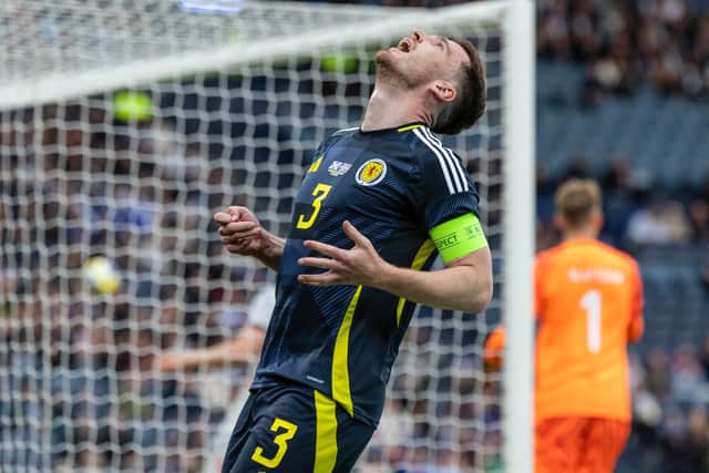 Scotland's Andy Robertson shows his frustration after overhitting a cross. (Photo by Craig Foy / SNS Group)