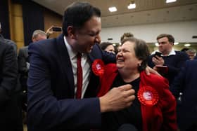 Scottish Labour leader Anas Sarwar celebrates victory in the Hamilton, Larkhall and Stonehouse by-election with Jackie Baillie (Photo: Jeff J Mitchell/Getty Images)