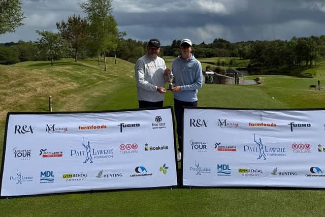 Paul Lawrie presents the Boys’ Junior Jug to winner Finlay Galloway at Newmachar