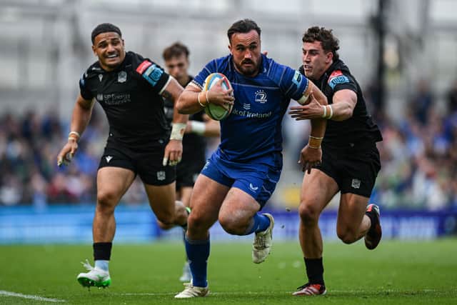 Ronan Kelleher of Leinster is tackled by Kyle Rowe of Glasgow Warriors during the United Rugby Championship semi-final match at the Aviva Stadium in Dublin. (Photo By Brendan Moran/Sportsfile via Getty Images)