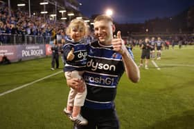 Finn Russell of Bath Rugby with his daughter following victory over Bristol Bears in the Gallagher Premiership semi-final. (Photo by David Rogers/Getty Images)