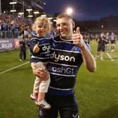 Finn Russell of Bath Rugby with his daughter following victory over Bristol Bears in the Gallagher Premiership semi-final. (Photo by David Rogers/Getty Images)