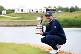 Connor Syme shows off the trophy after winning  the KLM Open on Sunday at The International Golf Club in the Netherlands