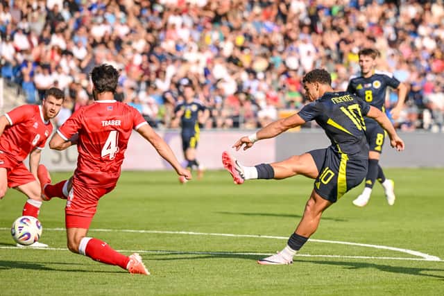 Che Adams scores his and Scotland's second goal en route to netting a hat-trick in the 4-0 win over Liechtenstein in Vaduz. (Photo by Harry Langer/DeFodi Images/DeFodi via Getty Images)