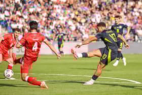 Che Adams scores his and Scotland's second goal en route to netting a hat-trick in the 4-0 win over Liechtenstein in Vaduz. (Photo by Harry Langer/DeFodi Images/DeFodi via Getty Images)